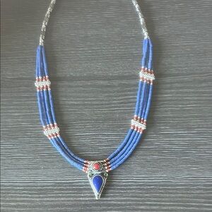Blue and Red Layered Beaded Necklace with Silver Accents